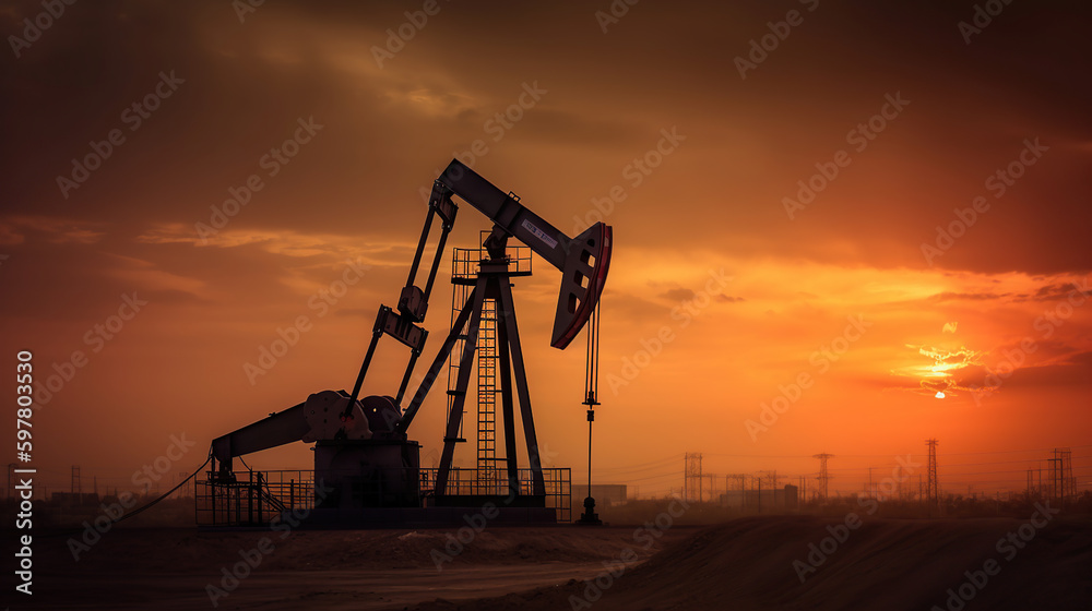 Oil pump, oil rig energy industrial machine for petroleum in the sunset background, generative ai