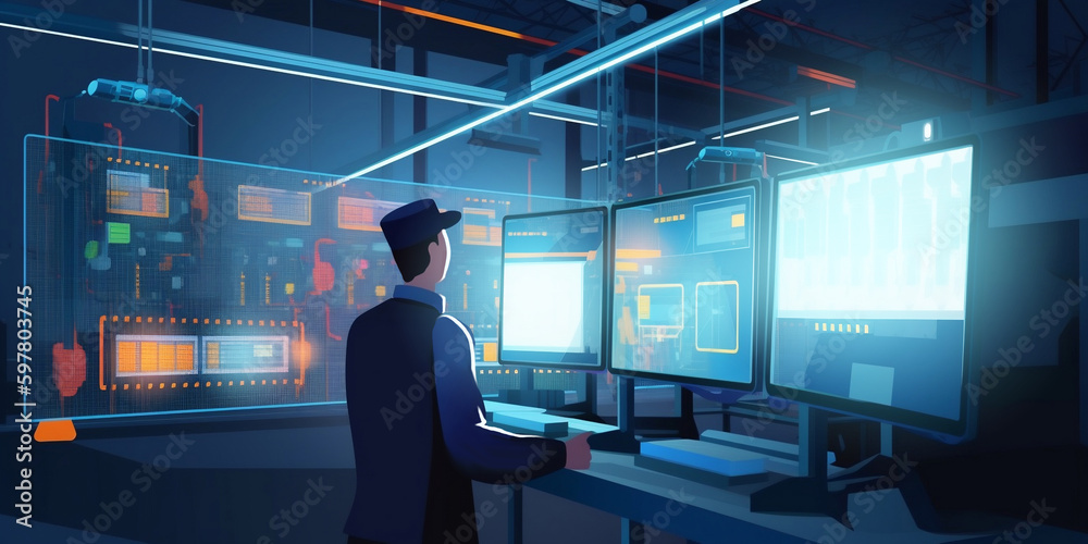 Man monitoring progress, production line work of a big screens. Automatisation concept AI generative illustration Man monitoring progress, production line work of a big screens. Automatisation concept AI generative illustration