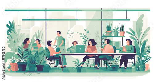 Group of business people working in modern green eco friendly office with lots of plants, collaborating on a project, sharing ideas. AI generative illustration, vector flat design style