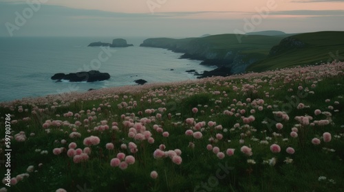 Shoreline covered in pink flowers by the sea. Generaitve AI