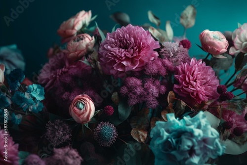 Flowers in shades of pink, teal and lilac, against a light background. Generative AI