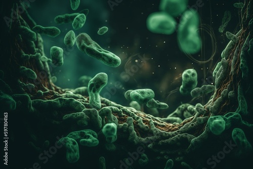Green covid banner with abstract bacterium. Generative AI