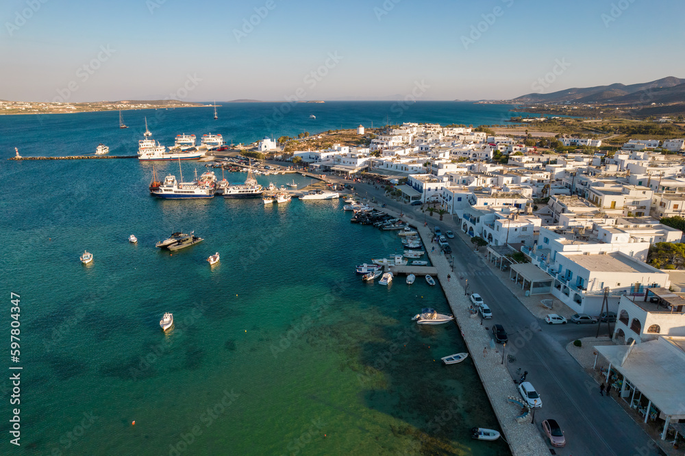 Aerial panorama view   of antiparos with the traditional white houses in cyclades , Greece.