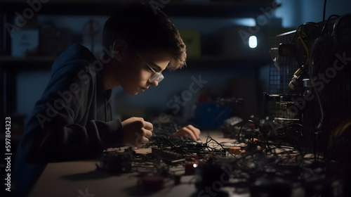 A Young Inventor Tinkering with a Robot in Their Garage, generative AI