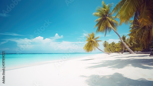 Tropical beach with palm trees and white sand. Generative ai and digital editing.