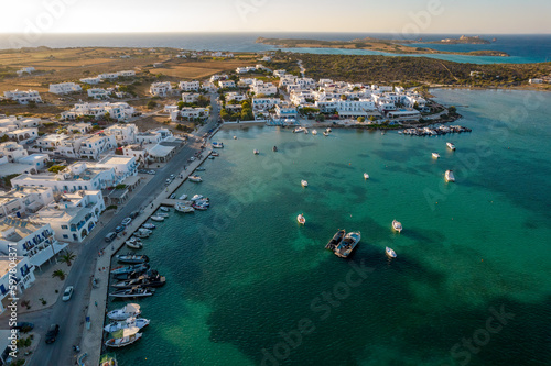 Aerial panorama view   of antiparos with the traditional white houses in cyclades , Greece.