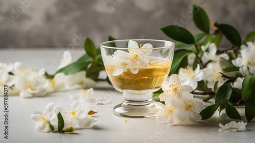 Composition with cup of jasmine tea and flowers on light background, generative ai