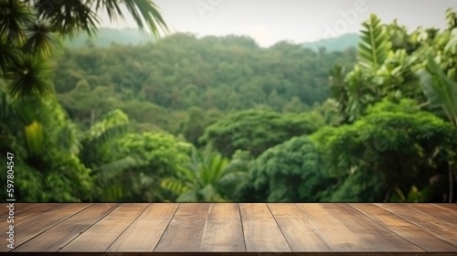 Empty wooden table for product display background, banner and product advertisement mock up with a dense forest field behind, AI generated