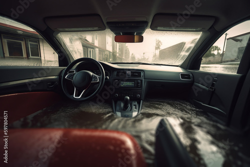 The interior of a car flooded with water. Car insurance concept. Generative ai