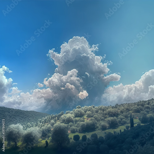 paesaggio illustrativo con olivi, nuvole e colline photo
