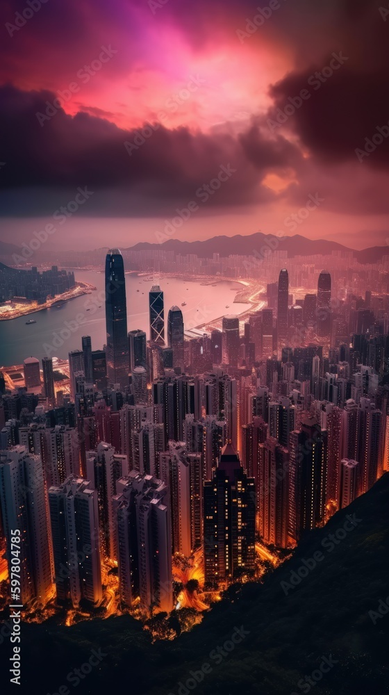 Fototapeta premium Beautiful pink sky sunlight above the city. Generative AI