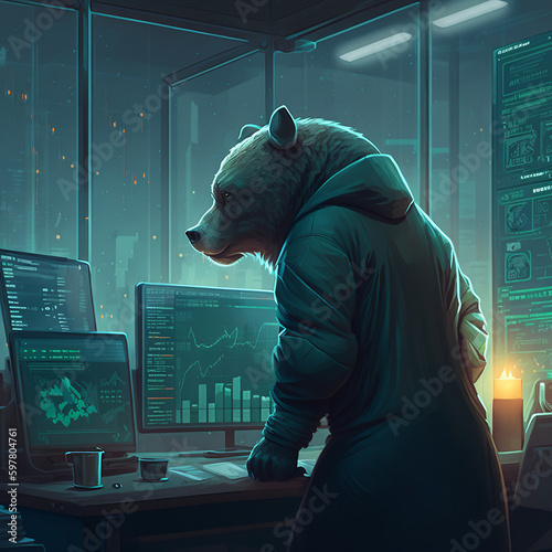 Concetto illustrativo del market con un orso davanti ai segnali per il trading photo
