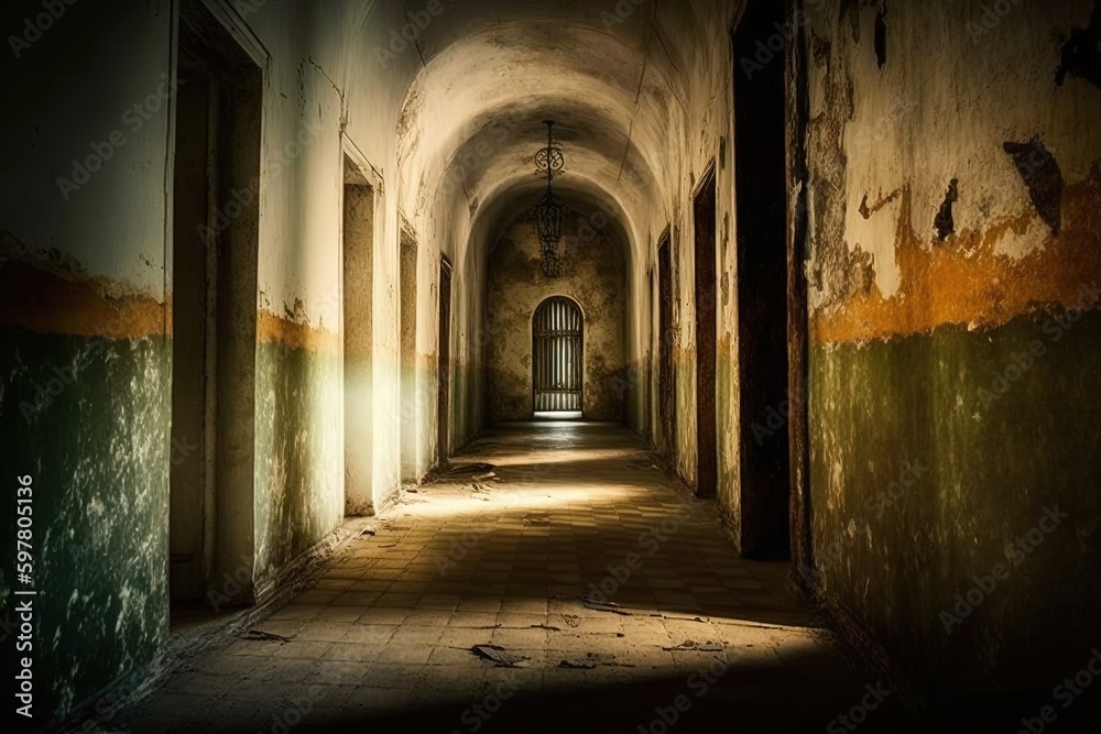 A long corridor in the old prison. A gloomy interior with shabby walls. A dilapidated, abandoned building, a dreadful, hopeless backdrop. AI generated