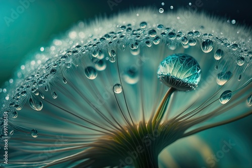 Dandelion flower after the rain. Water drops on fluffy seeds, macro effect. Romantic background. Generated AI.