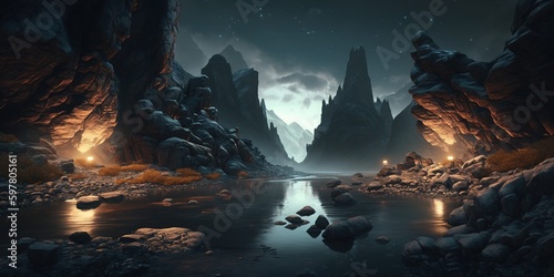 Epic dark background, gloomy river, gorge in the mountains. Scary night scenery. Generated by AI. © photolas