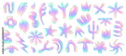 Abstract 3D holographic shapes collection, simple volumetric vector elements for Y2K design style, isolated on white background