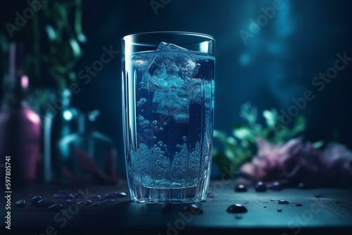 Illustrated image of blue juice in a glass  resembling real life. Generative AI