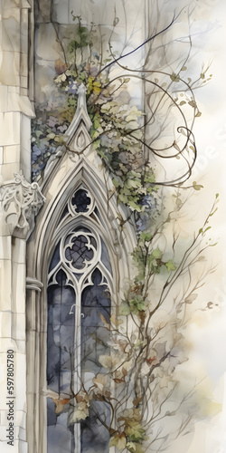 **Marjolein Bastin, watercolor illustration,gothic stonetexture tracery of old cathedral, more detail AI generated  photo