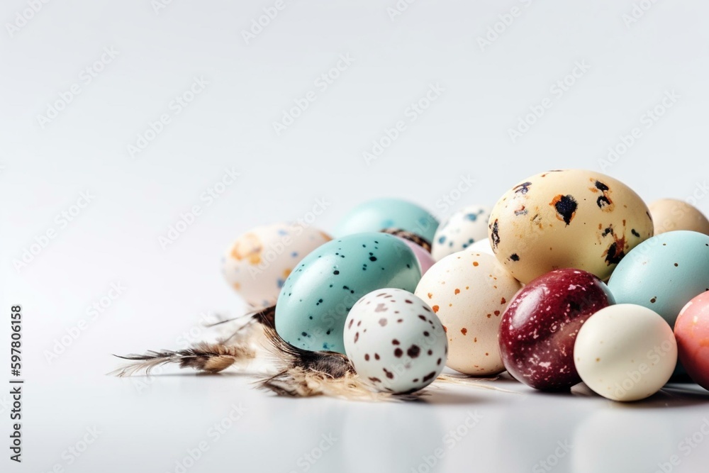Bright Easter eggs contrast with a clean white background. Generative AI