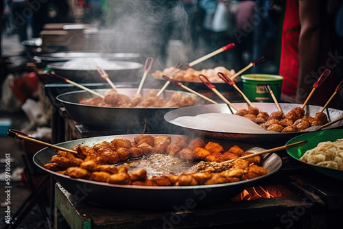 Asian street food. Fried take away food on sticks. Traditional oriental dishes at street market. Created with Generative AI