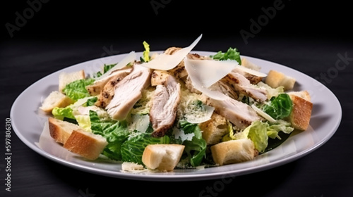 Chicken Salad. Chicken Caesar Salad. Caesar Salad with grilled chicken and croutons. Grilled chicken and fresh green salad isolated, generative ai