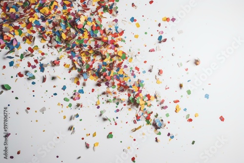 white background with colorful paper confetti scattered. Generative AI