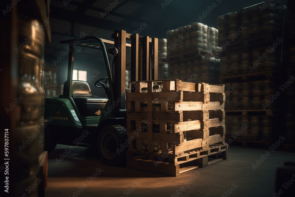 Forklift carrying crates of wine bottles. Generative AI