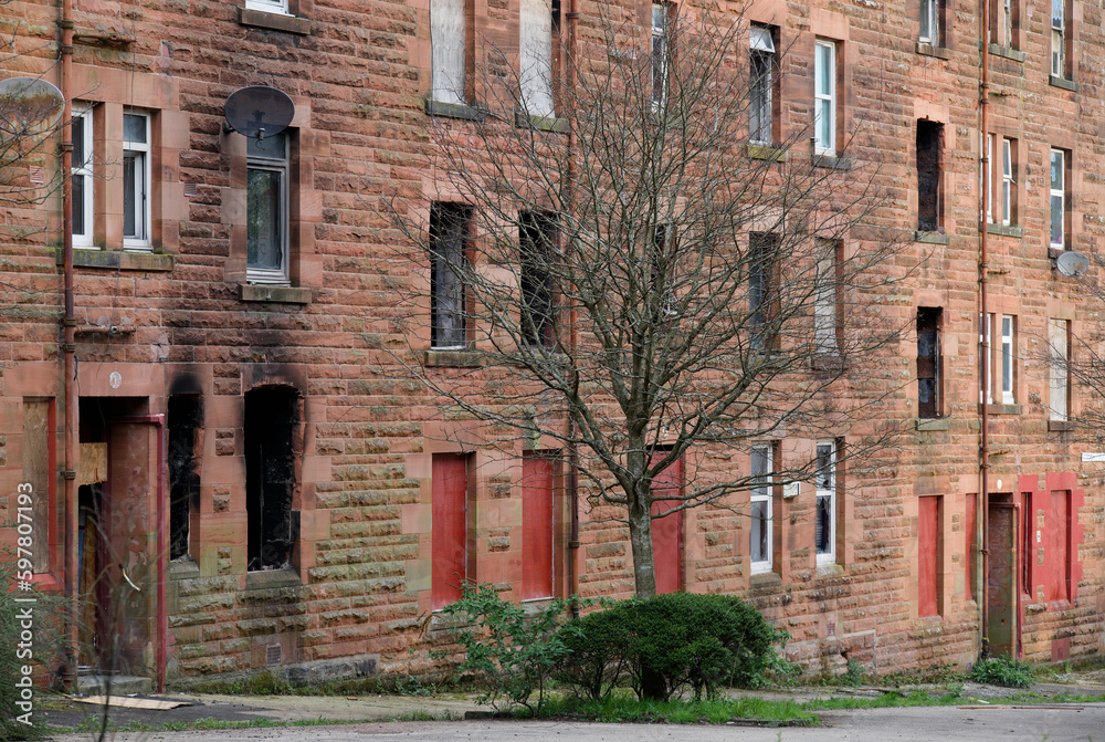 Council flats in poor housing estate with many social welfare issues in Port Glasgow