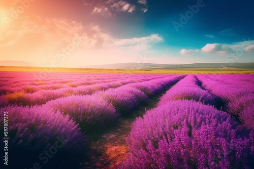 A meadow of lavender blossoms under a vivid azure horizon. Scenery. Generative AI