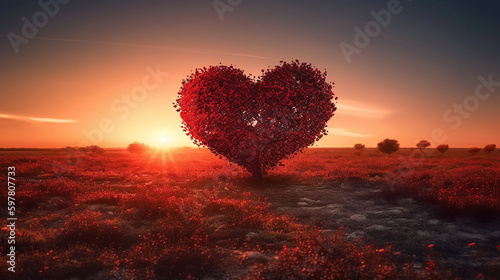 Love For Nature - Heart Tree - Red Landscape At Sunset, generative ai