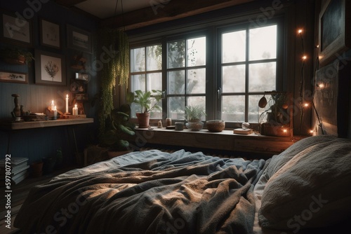 A cozy Nordic bedroom with simple decor made from organic materials. Generative AI