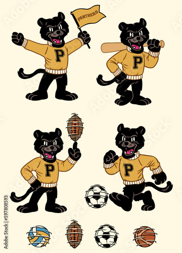 Set of Black Panther Sport Mascot in Vintage Retro Hand Drawn Style