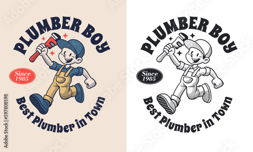 Retro Cartoon Character of Plumber Boy Service Mascot