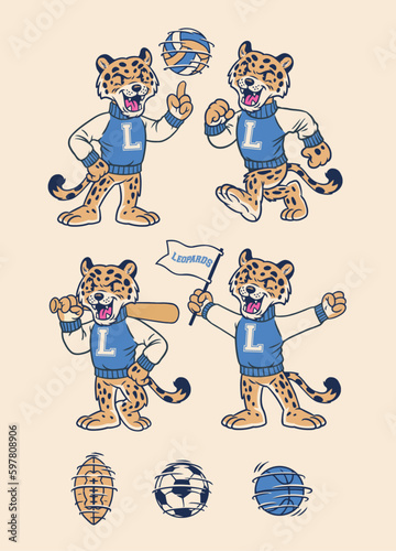 Set of Leopard Sport Mascot in Vintage Retro Hand Drawn Style