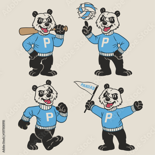 Set of Panda Sport Mascot in Vintage Retro Hand Drawn Style