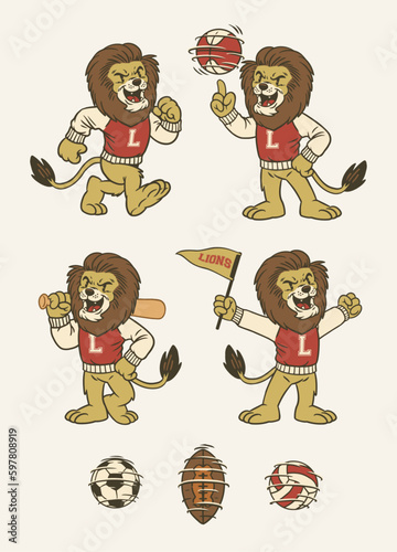 Set of Lion Sport Mascot in Vintage Retro Hand Drawn Style