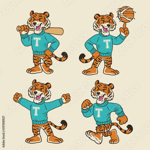 Set of Tiger Sport Mascot in Vintage Retro Hand Drawn Style