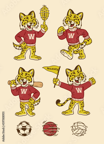 Set of Wildcat Sport Mascot in Vintage Retro Hand Drawn Style