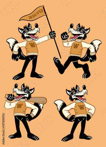 Set of Wolf Sport Mascot in Vintage Retro Hand Drawn Style