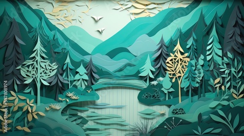 Paper cut art work with green nature forest. Generative AI