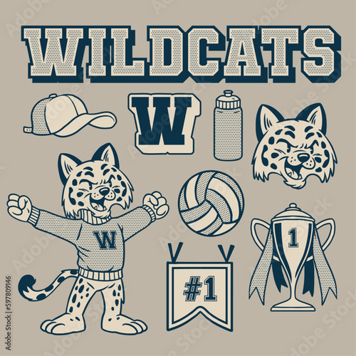 Wildcat Mascot Vintage Hand Drawn Object Set