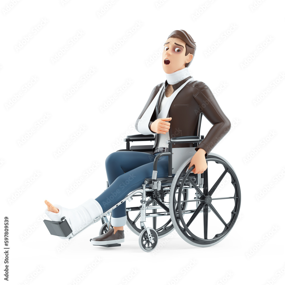 3d cartoon man sitting in wheelchair after accident 3d cartoon man sitting in wheelchair after accident