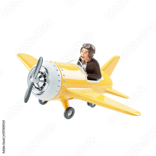 Photographie 3d cartoon man flying in retro airplane