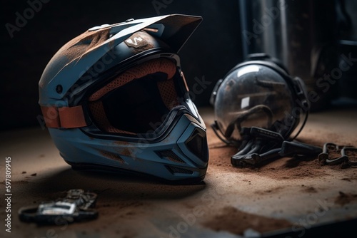 A motocross helmet with goggles and gloves on a soiled track. Generative AI