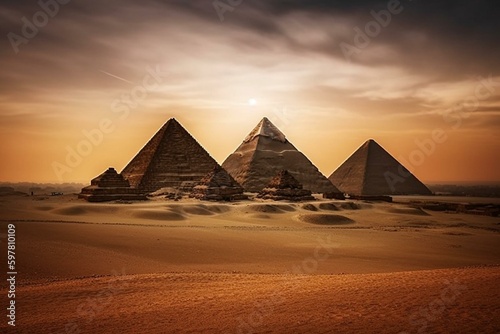 A marvel of the world - the pyramids of Giza in Egypt. Generative AI