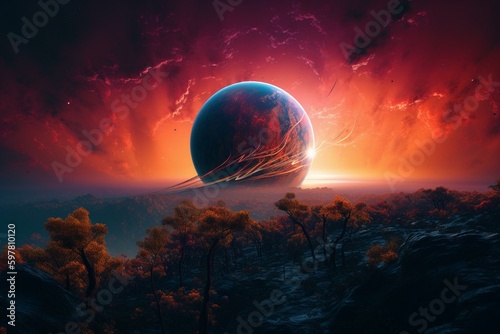 A colorful sky featuring a large planet in a mystical landscape. Generative AI
