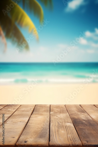 Empty wooden table on a beautiful blured tropical beach background. generative ai. Summer holiday background for product display