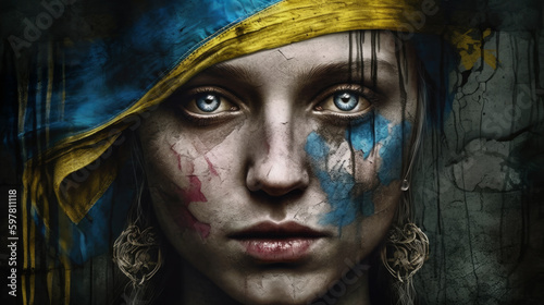 Portrait of woman with colors of Ukrainian flag on her face. Urkaine war.