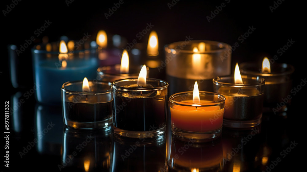 Burning candles on dark surface. Memory day, generative ai Burning candles on dark surface. Memory day, generative ai