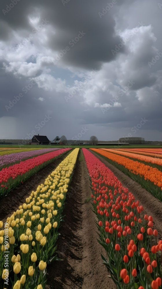 Colorful open field with beautiful tulips. Generative AI